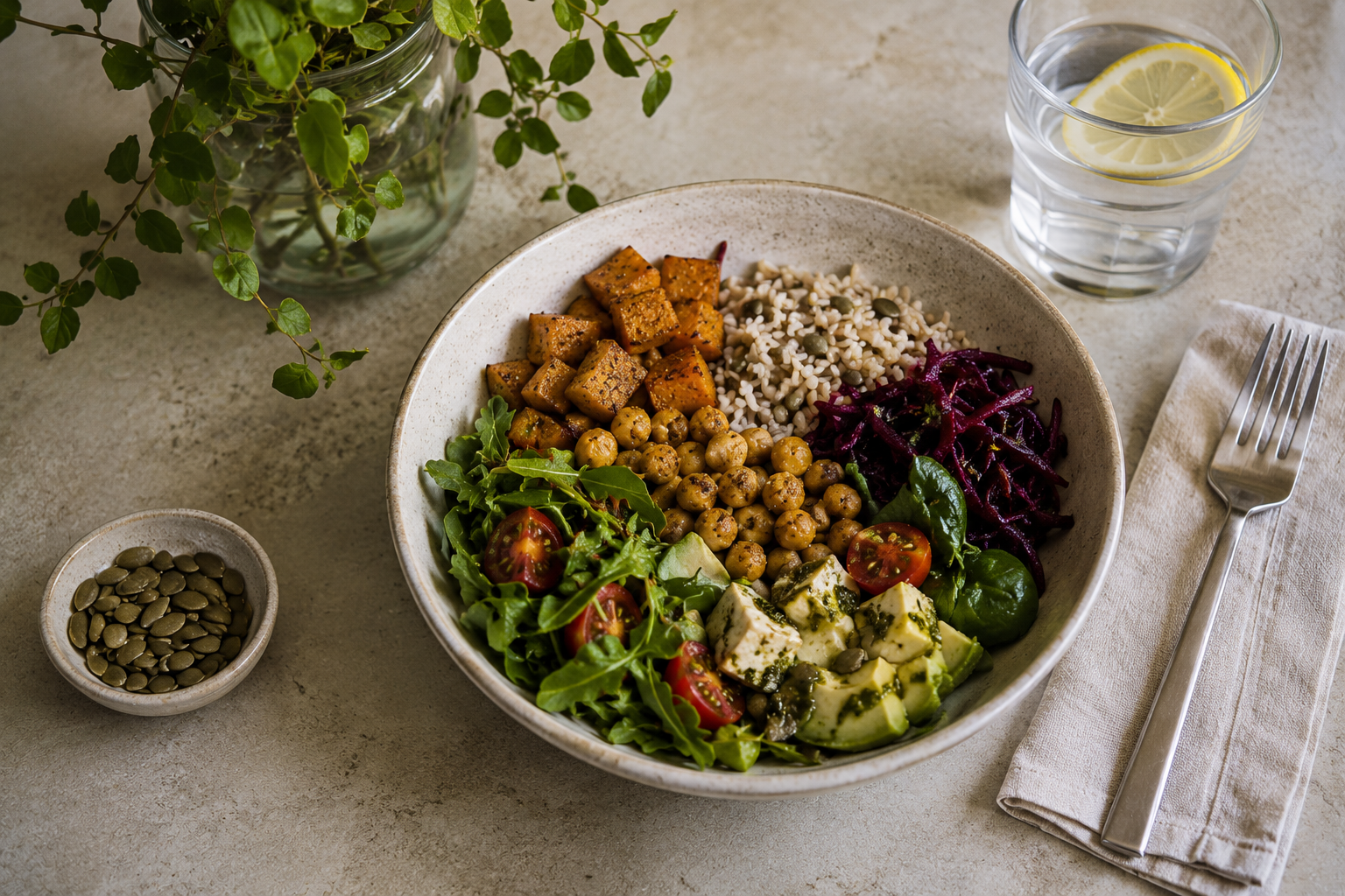 Prato vegetariano com grão-de-bico, tofu, arroz, vegetais e folhas verdes